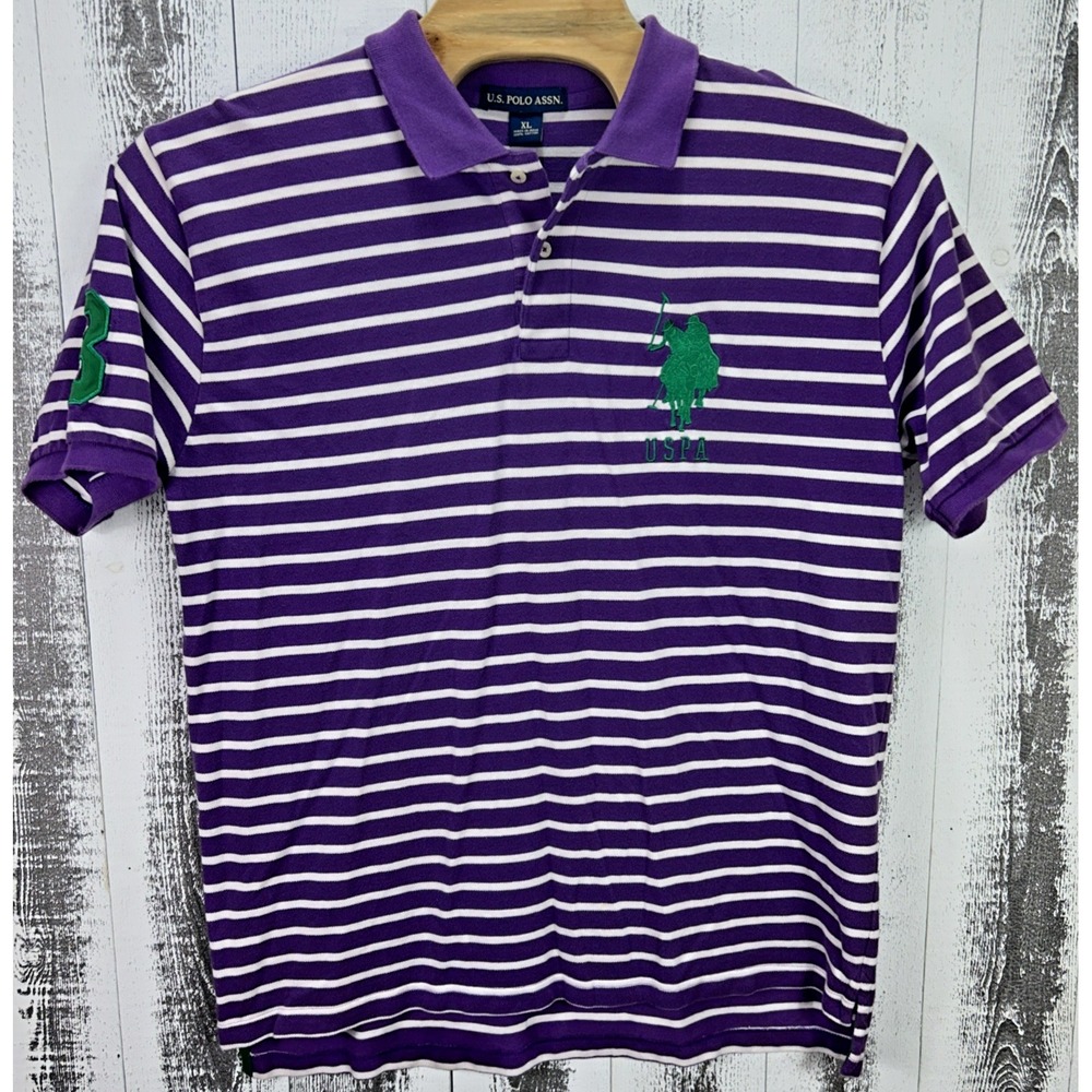 US Polo Assn Shirt Mens XL Purple White Striped Big Logo Cotton Pique Polo